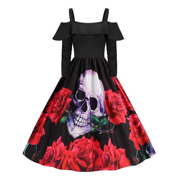 Vestido de Halloween de manga larga vintage para mujer, elegante vestido de tirantes finos de los años 50 y 60 para fiesta de noche y graduación