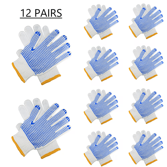 12 Pairs Pack White Cotton Polyester String Knit Ultralight Work Gloves, Adults with Blue PVC Dots
