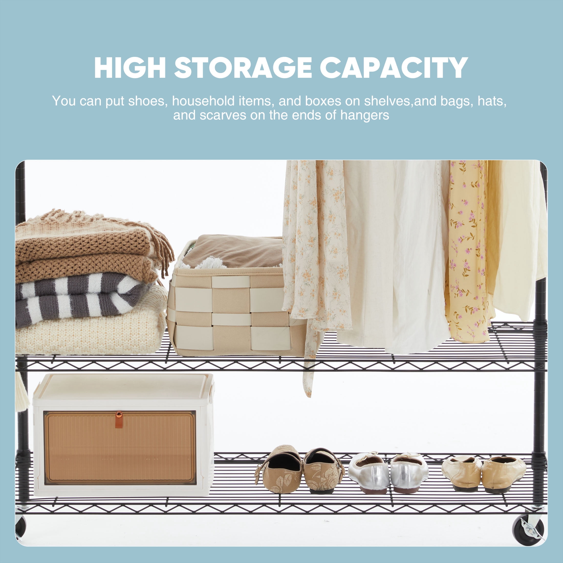CONCETTA 3 Tiers Rolling Clothes Rack ,Adjustable Cable Hanger with Double Rod and Side Hooks,Multifunctional Storage Rack, 17.7" D x 47.2" W x 80.3" H