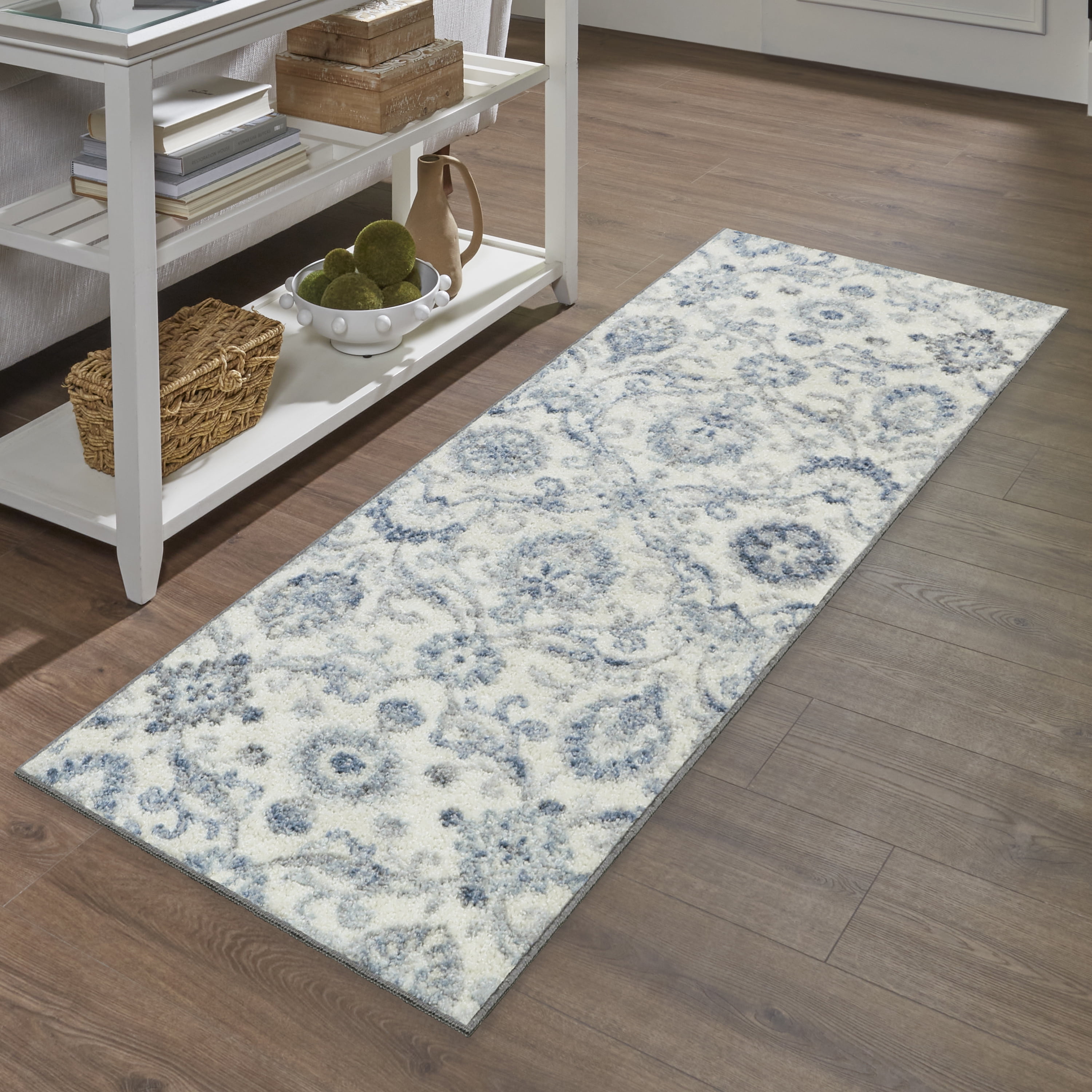 Maples Rugs Blooming Damask Transitional Gray Blue Washable Hallway Runner Rug, 2' x 6'