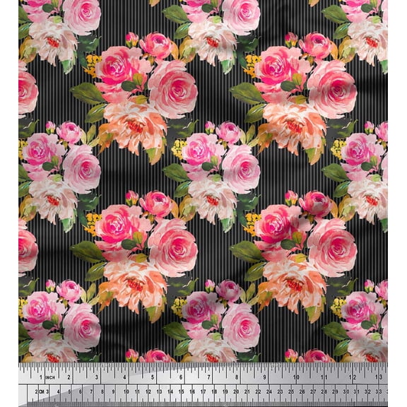 Soimoi Black Cotton Duck Fabric Stripe & Ranunculus Floral Printed Fabric 1 Yard 44 Inch Wide