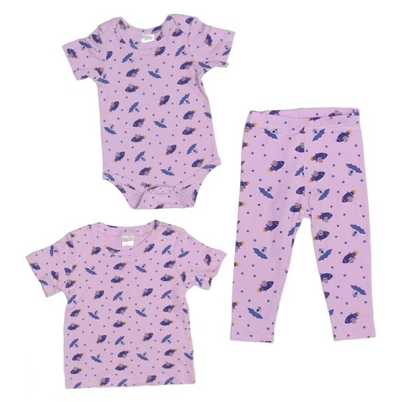 Spaceships - Baby Girl 2-Piece Clothing Set | Onesie Bodysuit or T-shirt with matching Leggings | Short Sleeve | Cotton | Baby Shower Gift | 0-36 months