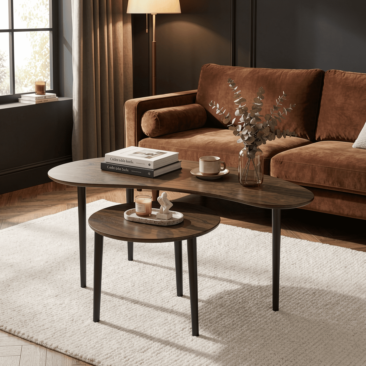 Furnibear 2 Pieces Mid Century Nesting Tables with Rubber Wood Legs - Brown - Living Room Center Table