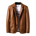 thumbnail image 2 of Men's Leather Jacket with Suit Collar, Casual Leather Coat Brown L, 2 of 9