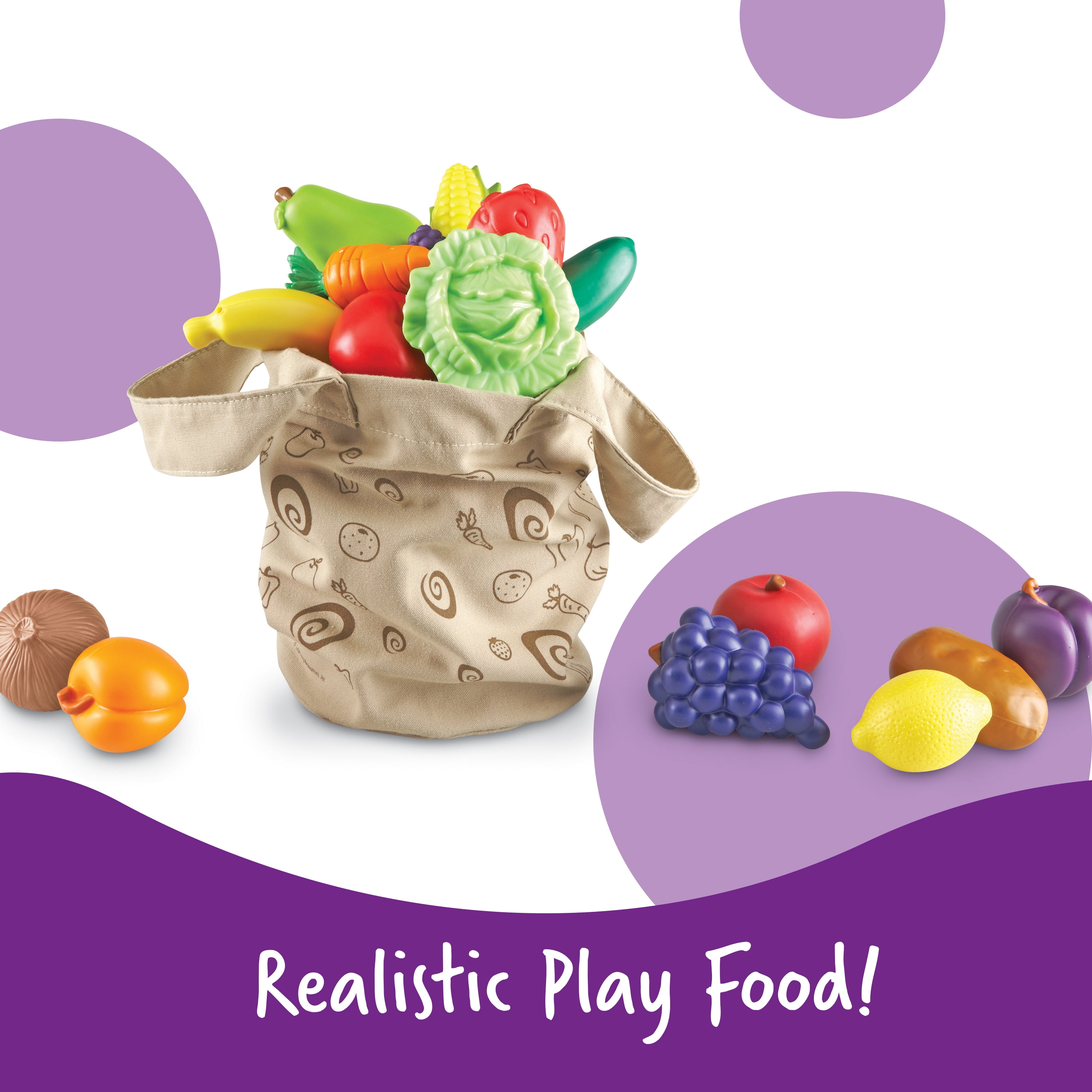 Learning Resources New Sprouts Fresh Picked Fruit & Veggie Play Food Set with Totebag, Pretend Play Kitchen Food, Multicolor, 17 Piece Set For Kids Girls Boys Ages 2 3 4+