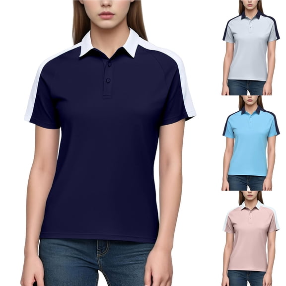 Feancey Women's Athletic Polos Shirts Color Block Short Sleeve 3 Button Collared T-Shirt Lightweight Quick Dry Workout Tops for Work Golf Tennis Sky Blue 4XL