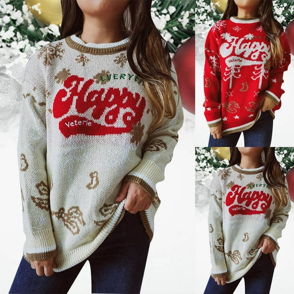JURANMO Long Sleeve Fall Sweaters for Women Merry Christmas Letter Print Ribbed Jumper Tops Casual Loose Holiday Sweater Deals of the Day White M