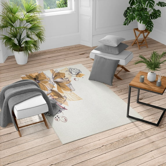 Flowers Turkish Area Rug, Buds Leaf at the top Left Corner Season Celebrating Theme Illustration, Soft Carpet for Living Room Decor, 5.2' X 7.6', Amber White, by Ambesonne