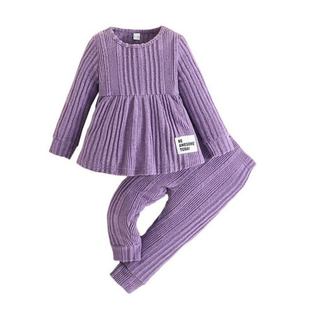 

Hotiary Girls Autumn and Winter Solid Color Casual Outfit Long Sleeved Crew Neck Pullover and Pants Two-Piece Set for 6M-3T Infant Toddler