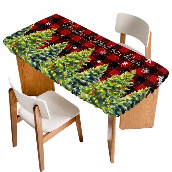 Green Christmas Tree Table Cloths for 4 Foot Rectangle Tables, Xmas Tree Snowflake Winter Red Plaid Patio Waterproof Elastic Fitted Tablecloths, Washable Rectangular Table Cover for Camping