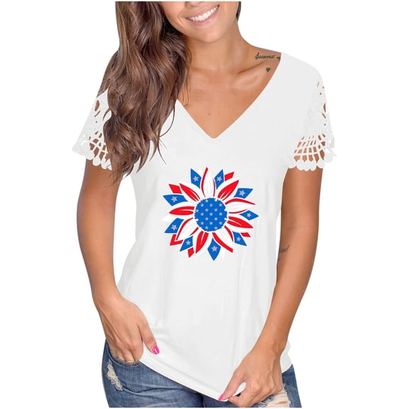 OAVQHLG3B Summer Tops for Women 4th of July Outfits for Women Patriotic ShirtsWomen's Summer V-neck Independence Day Printed Tops T-Shirts Casual Lace Short Sleeve Blouse