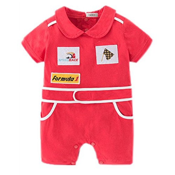stylesilove Baby Boy Short Sleeves Chic Car Racer Cotton Romper Halloween Baby Boy Clothes (Red, 95/18-24 Months)