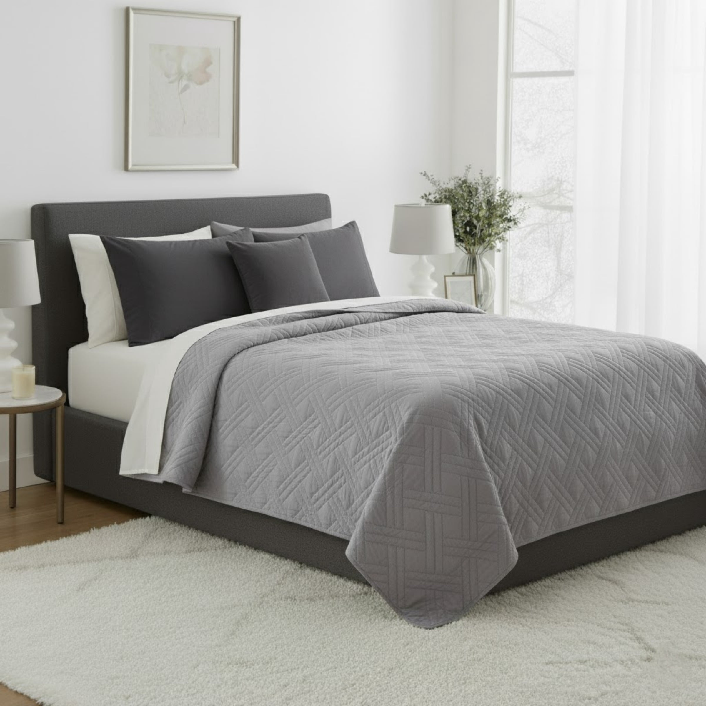 Lavish Home Modern Quilted Bedspread Coverlet with Basket-Weave Design Polyester Twin Size Quilt Bedspread (Gray)