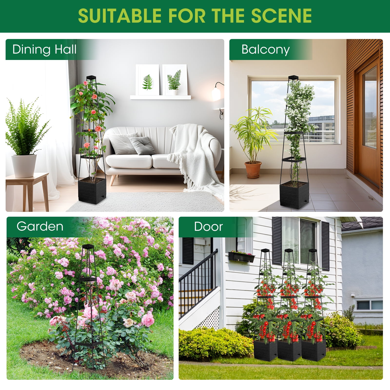 1Pack Raised Garden Bed Planter Box with Trellis, 57" Self-Watering Tomato Cage Planters for Climbing Plants Vegetable Vine Flowers Outdoor & Indoor (57x9.8x9.8IN)