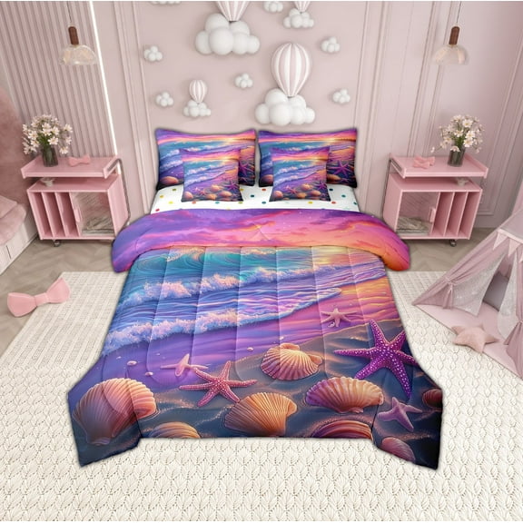 Erosebridal Romantic Beach Bed in a Bag Twin size, Starfish Seashell Bed Set, Couple Lover, Reversible 7-Piece