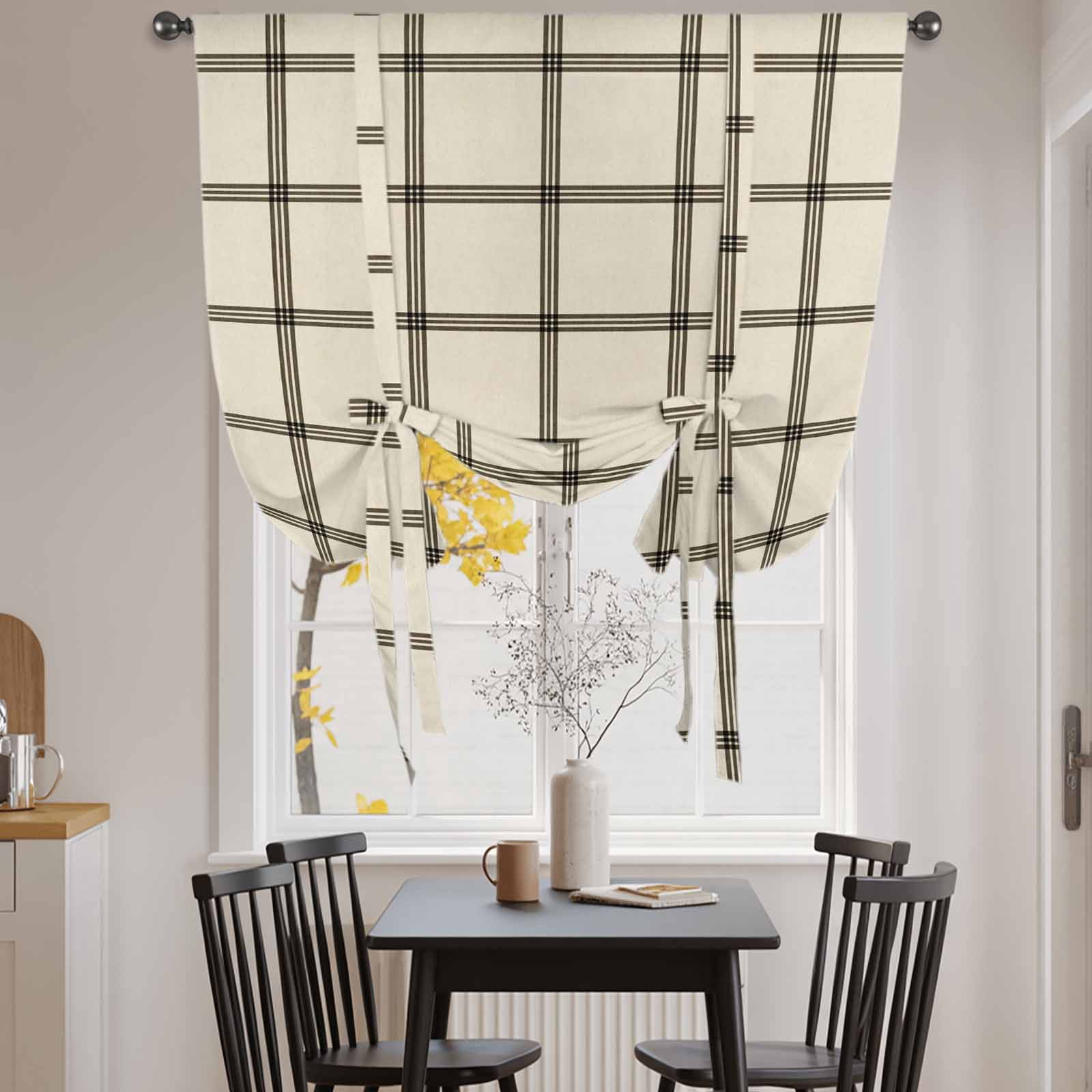 Linen Buffalo Check Tie Up Curtains 45 Inches Long, Kitchen Window Curtains Over Sink, Retro Black Lines Grid Pattern Small Window Curtains Shade Balloon Curtains Valances for Bedroom/Cafe 34"x45"