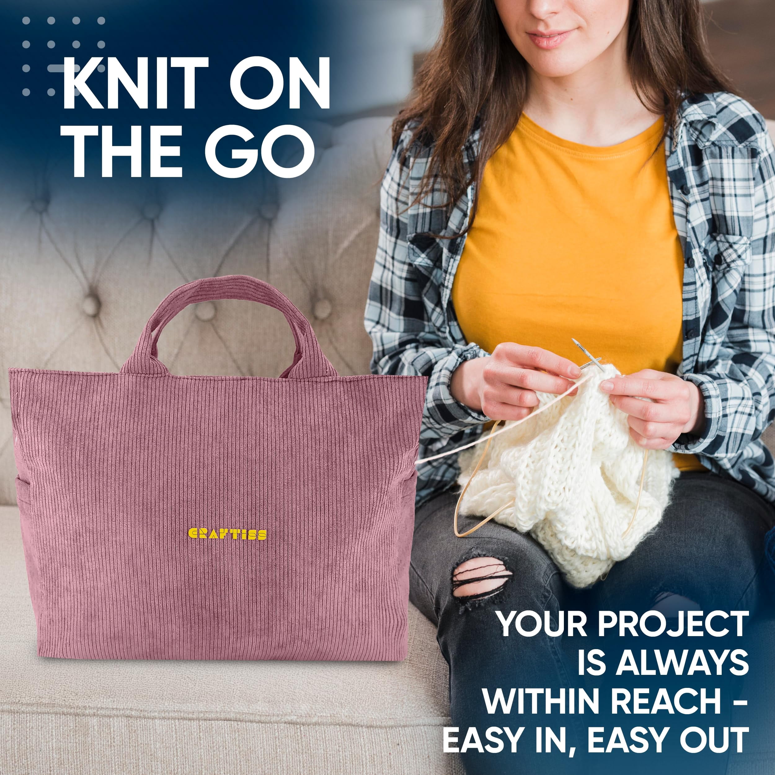 CRAFTISS Crochet Bag Yarn Storage - Perfect Gift - Durable Corduroy Yarn Bag for Crochet Accessories - Organizer with Knitting Accessories Case