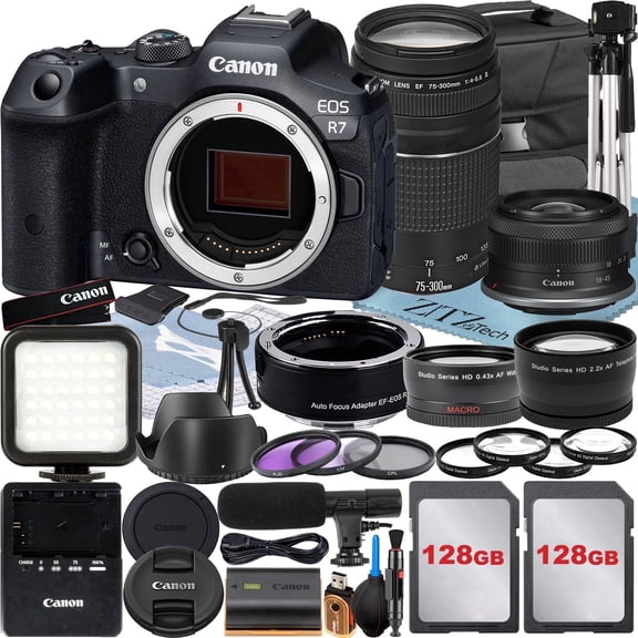 Canon EOS R7 Mirrorless Camera with RF-S 18-45mm EF 75-300mm Lens Mount Adapter 2 Pack 128GB Memory Card Case ZeeTech Accessory (International Version)