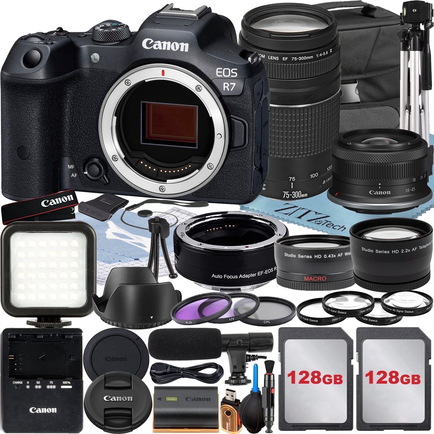 Canon EOS R7 Mirrorless Camera with RF-S 18-45mm + EF 75-300mm Lens + Mount Adapter + 2 Pack 128GB Memory Card + Case + ZeeTech Accessory (International Version)