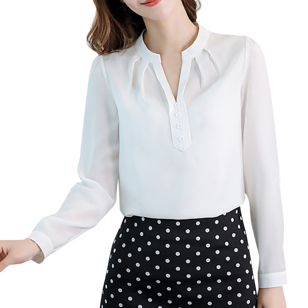 ZXHACSJ Women Work Office Long Sleeve Solid Chiffon Blouse Tee Shirt Top  White XL