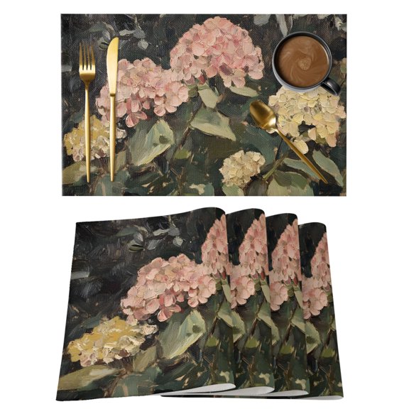 Pink Hydrangea Placemats Set of 1 Garden Blossoms Floral Botanical Heat Insulation Washable Place Mats, Non-Slip Table Mats for Dining Table Party Kitchen Decor, 13x19 Inch