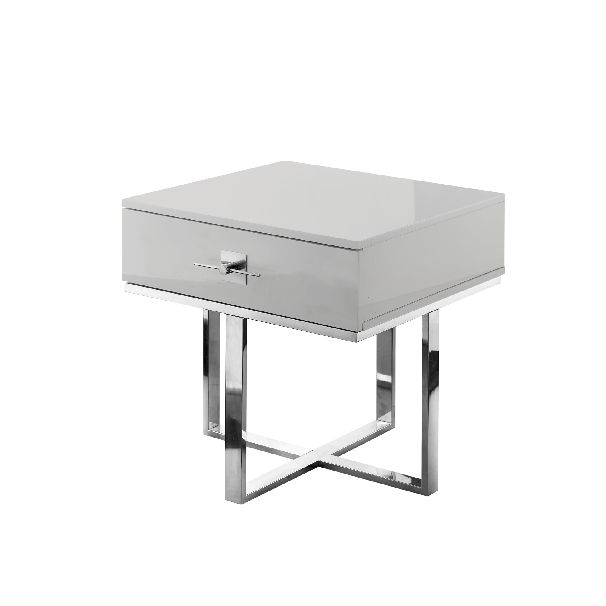 Hilo Light Grey Chrome Side Table - 1 Drawer, Hight Gloss Lacquer Finish, Polished Stainless Steel Base