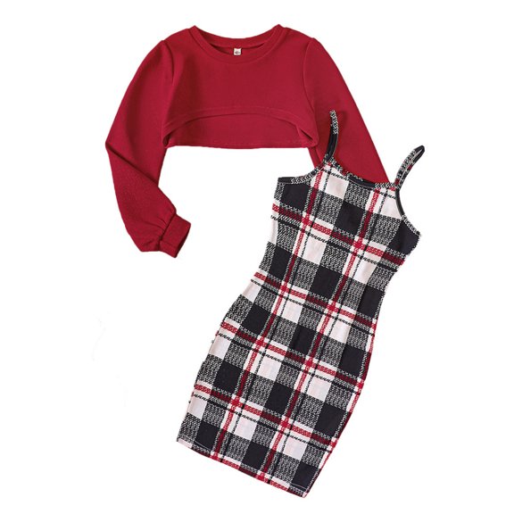 Akiihool Girl Skirt Sets Casual Winter Fall Dresses and Solid Sweatshirt Cute Clothes Outfit for Girls (Red,6-7 Years)