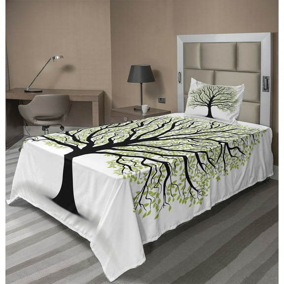 Tree of Life Sheet Set, Big Old Leaves and Branches Nature Growth Ecology Themed Art, Fitted and Flat Sheet with Pillowcase Bedding Accent 3 Piece Set, Twin XL, Black White Green, by Ambesonne