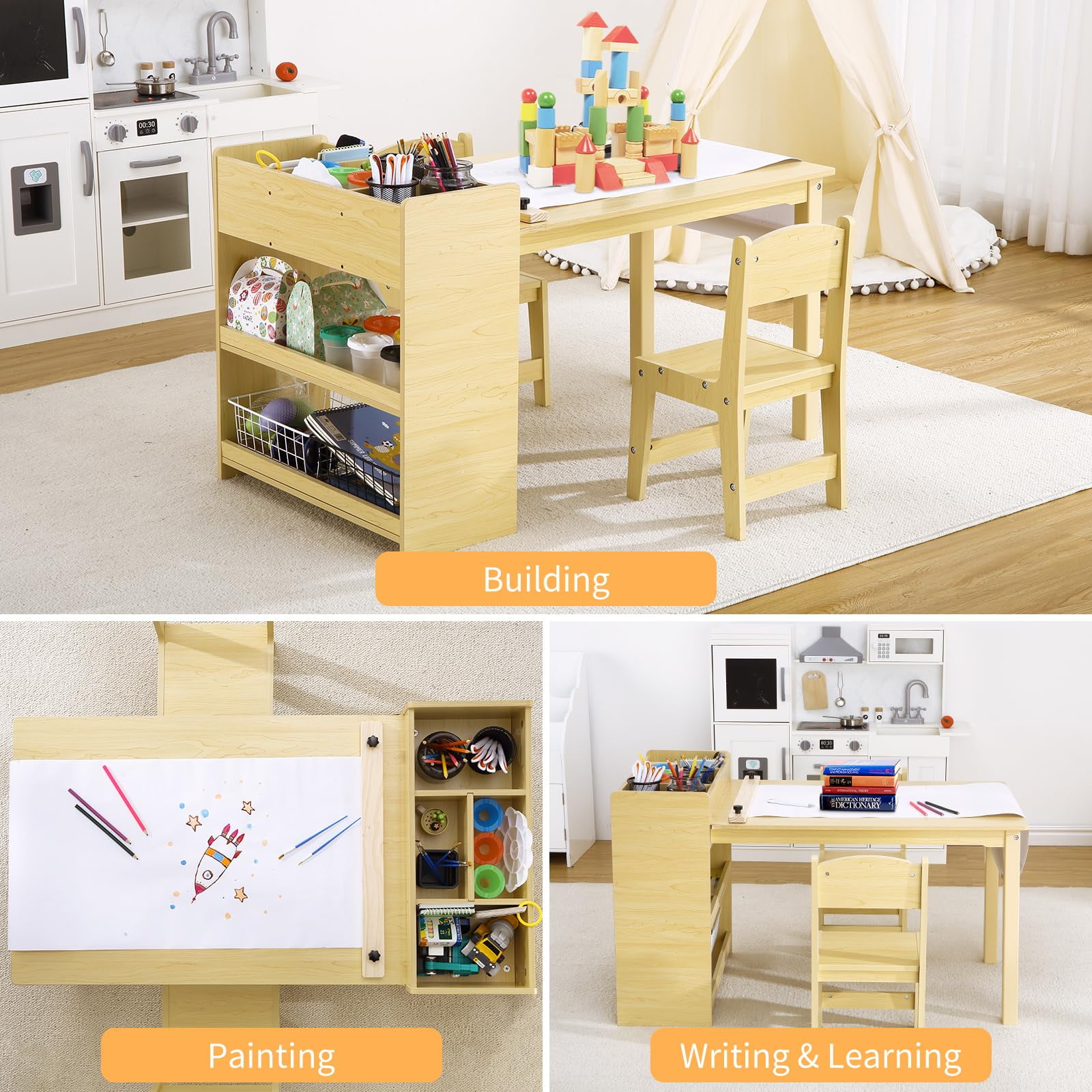 Kids Art Table and Chairs Set Craft Table With Large Storage Desk and Portable Art Supply Organizer for Children Writing Drawing,Nursery, Children's Wooden Furniture for Classroom Daycares,Home