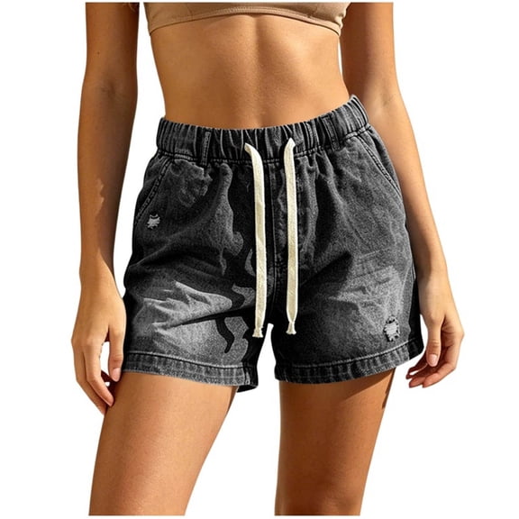PWPSG Womens Elastic Waist Distressed Denim Shorts, Drawstring Waist with Washed Texture, Loose Fit for Street Style Outfits Gray L