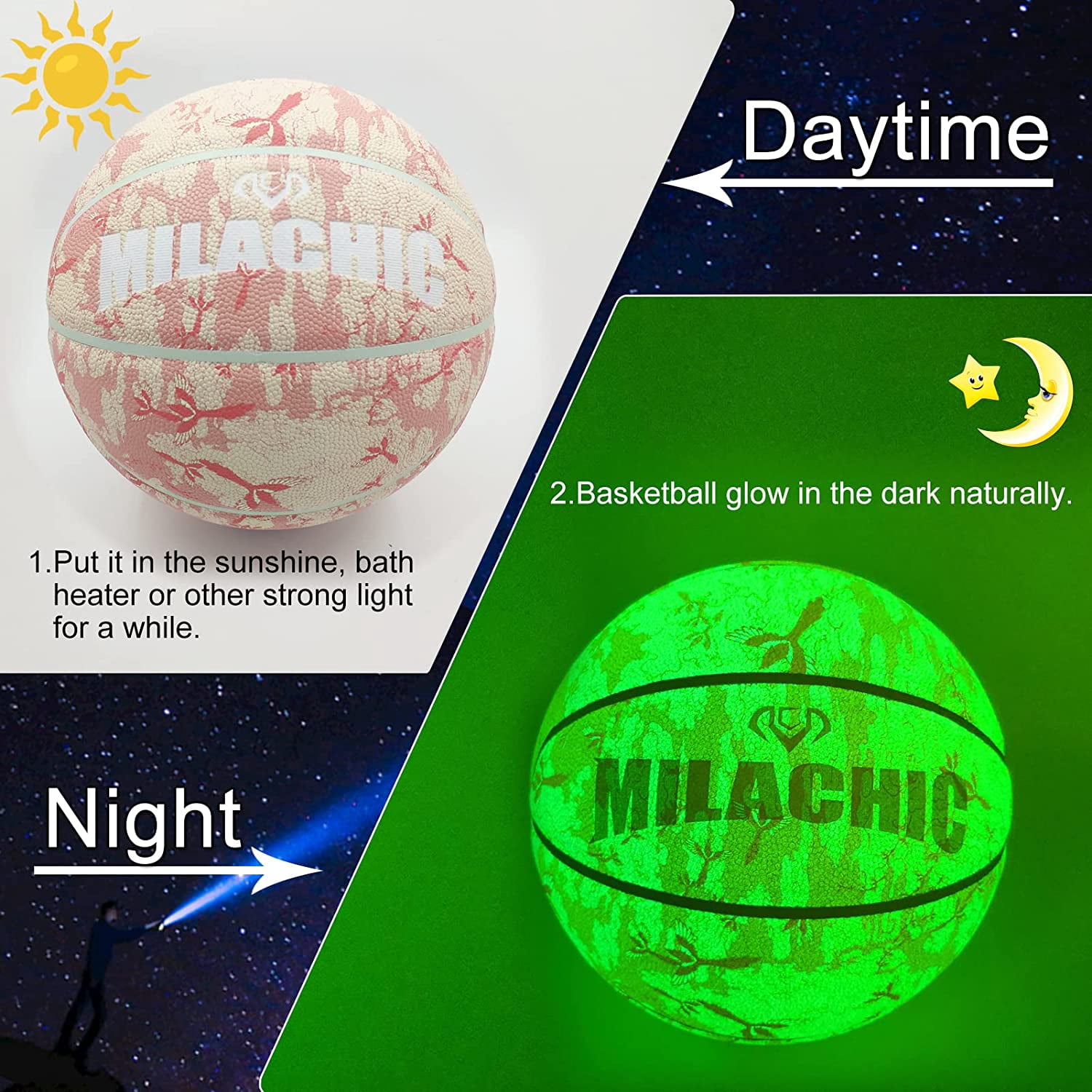 MILA CHIC Basketball, Glow in the Dark Basketball - Glowing Composite Leather Luminous Basketball Gift for Boys, Girls, Men, Women, Indoor-Outdoor Night Basketball Size 6 (28.5") with Pump