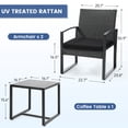 thumbnail image 4 of KROFEM 3-Piece Patio Bistro Set, All-Weather, Outdoor Wicker Furniture with Tempered Glass Table and Waterproof Cushions for Porch, Balcony, Black, 4 of 6
