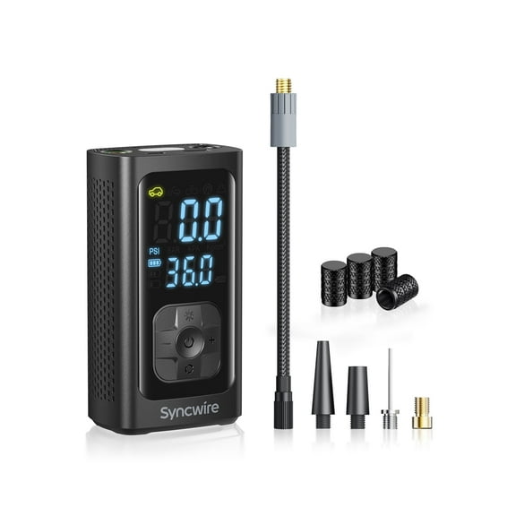 Syncwire Tire Inflator Portable Air Compressor, 150 Psi Digital Pressure Gauge, 19 mm Single-Cylinder, 2x2600 mAh, Auto Stop, LED - Black