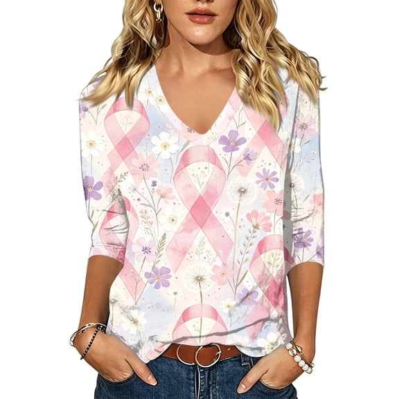 JULMCOMO Breast Cancer Awareness Shirts for Women Breast Cancer V Neck 3/4 Sleeve Pink Ribbon Graphic Tees Loose Fit Casual Comfy T-Shirts Purple Pink M