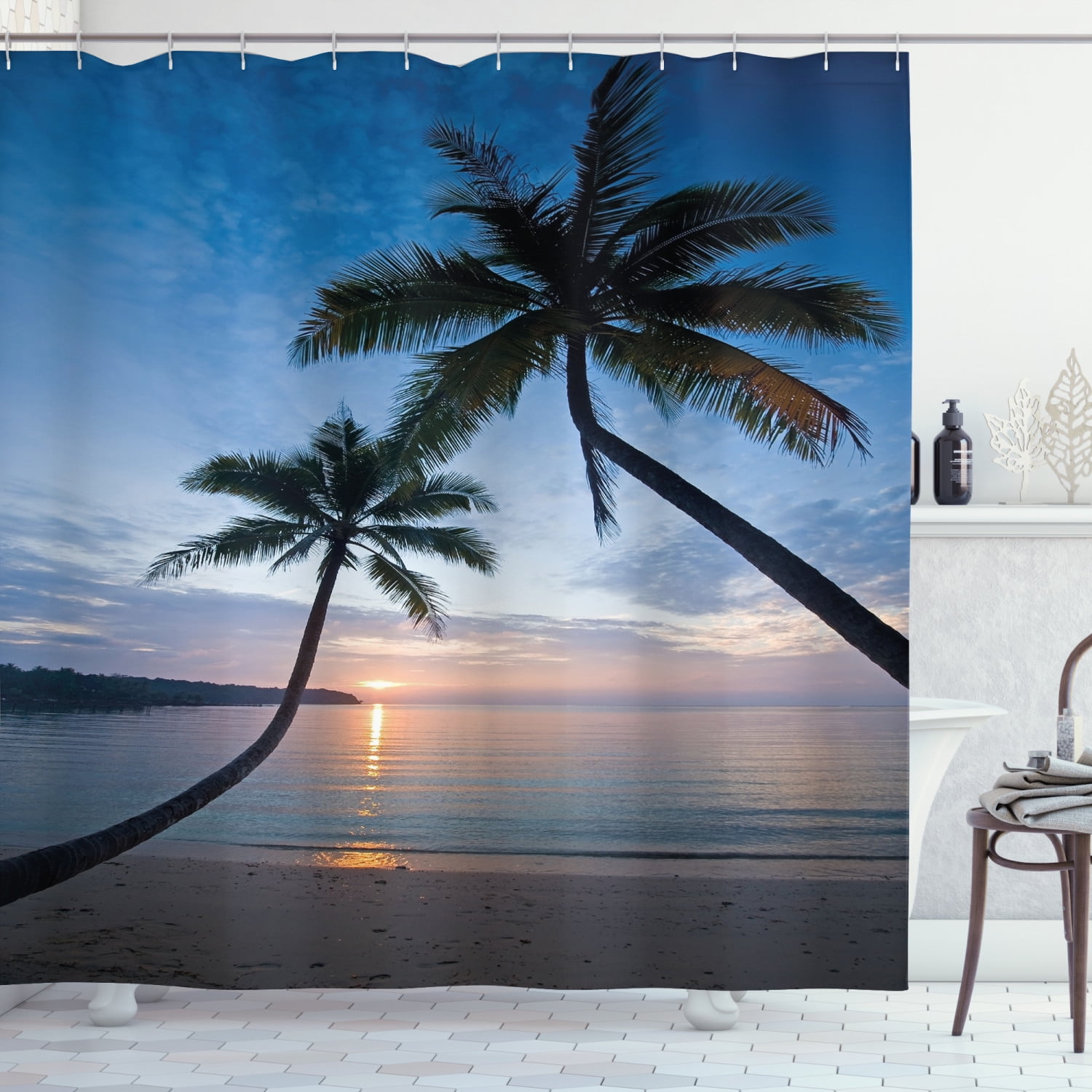 Tropical Beach Theme Sunrise Morning Exotic Nature Picture Shower Curtain Set 