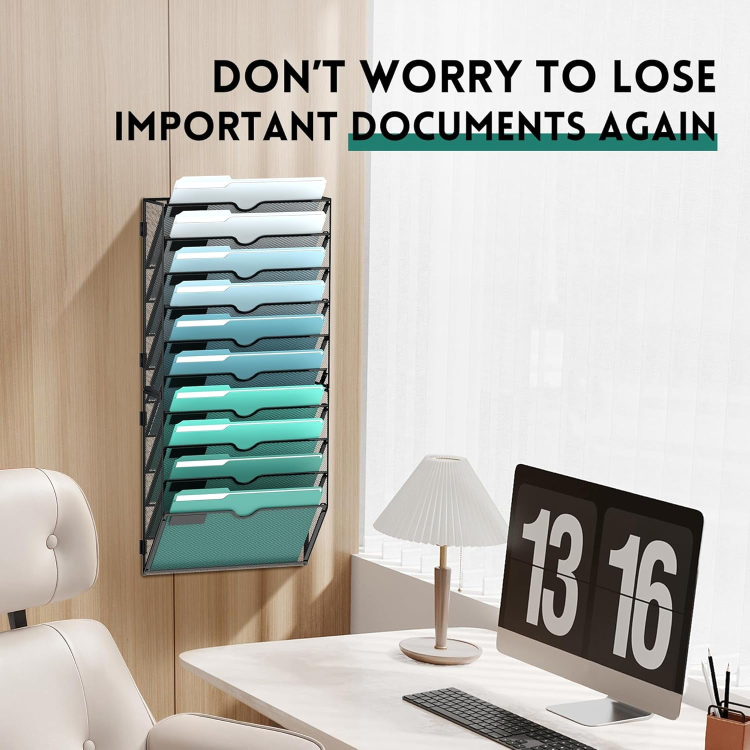 INTIGE 10-Tier Metal Mesh Wall File Organizer, Hanging Paper Organization, Black, Screw Mount
