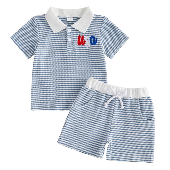 Povozer 4th Of July Outfits for Kids Red White Blue Boys Clothes 4th Of July Baby Boy Outfit Flag Embroidery Short Sleeve T Shirt Shorts Set Toddler Boy Summer Clothes Size 3-4 Years,Blue