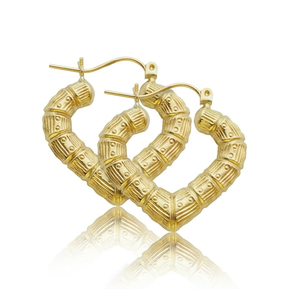 LoveBling 10k Yellow Gold Heart Shaped Bamboo Hoop Earrings (0.98" x 0.88")