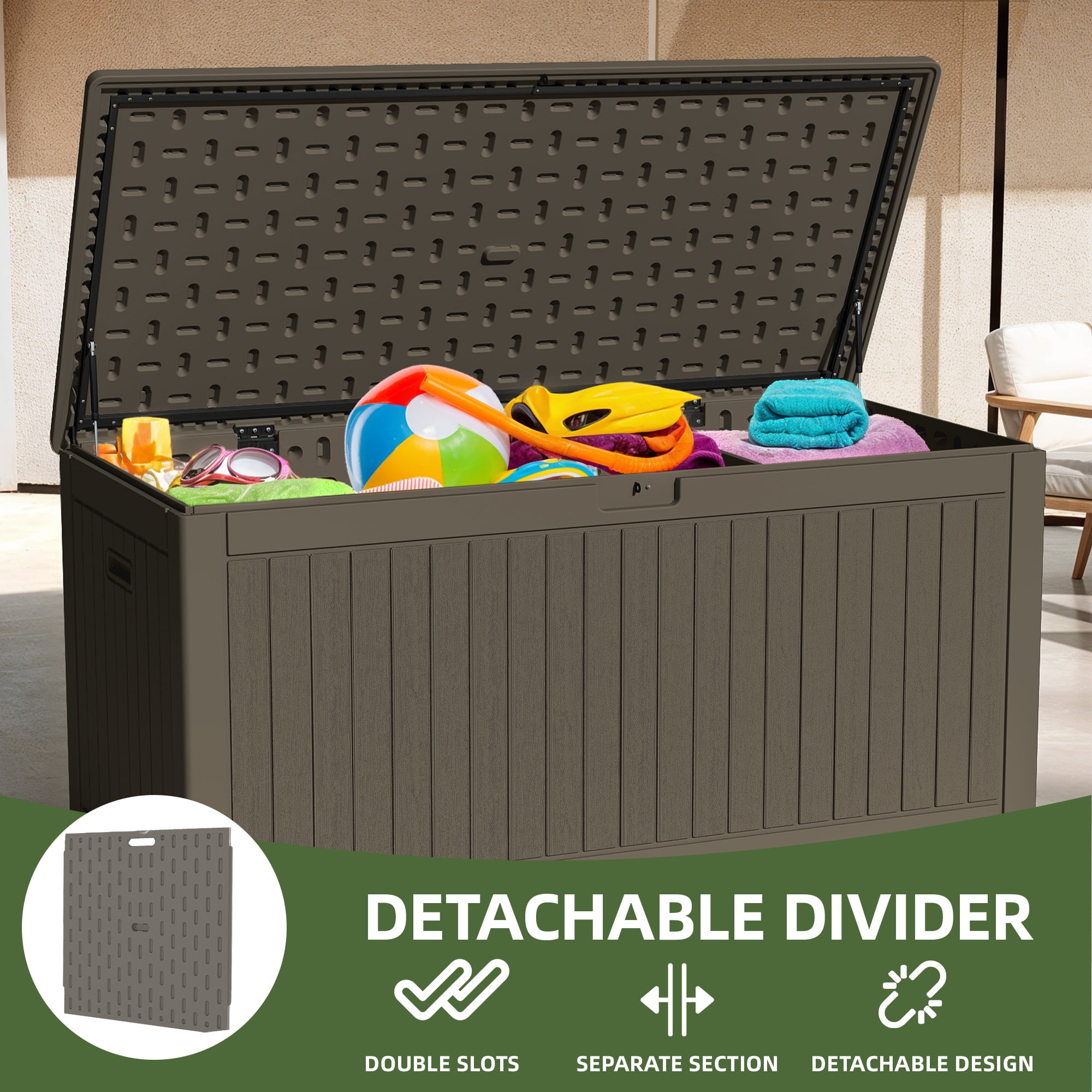 Uforic Outdoor 260 Gallon Large Resin Deck Box, Double-Wall Waterproof Lockable Storage Box with Flexible Divider & Side Handles, Light Brown