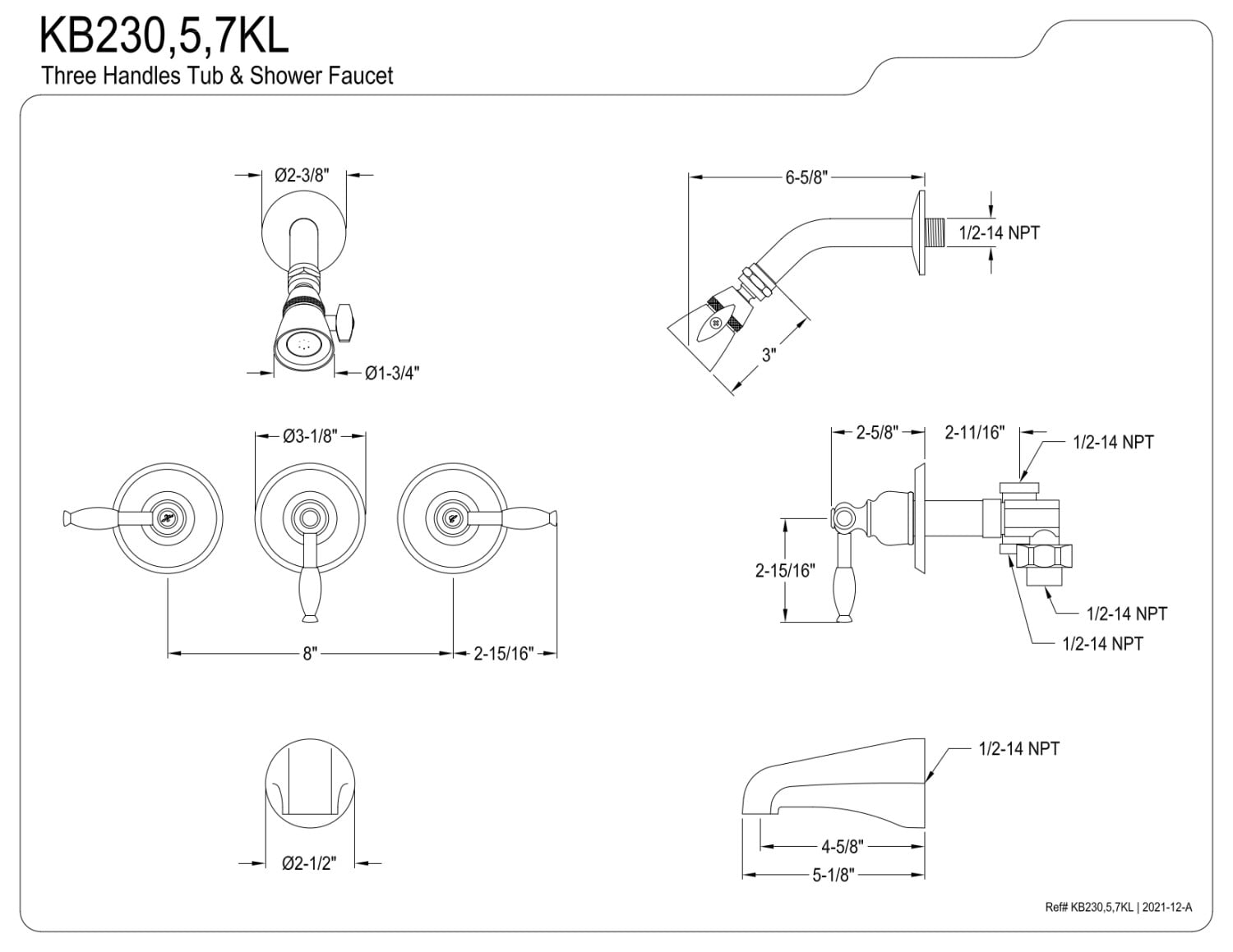 Kingston Brass KB235KL Knight Three-Handle Tub and Shower Faucet, Oil Rubbed Bronze