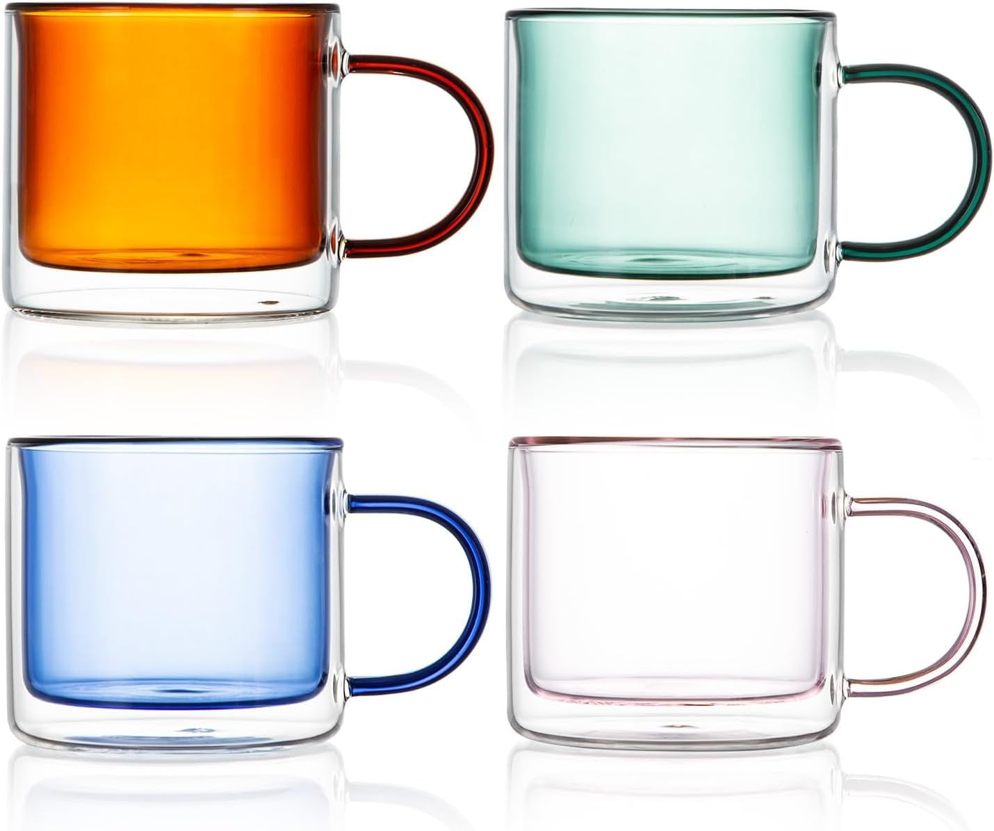 Bacimi Double Wall Insulated Coffee Mugs Set of 4 / 9oz - Clear Borosilicate Mug with Handle - Thermal Drinking Cups for Espresso, Cappuccino, Latte, Tea, Hot Beverage, Wine - Microwave Safe