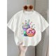 thumbnail image 1 of Women'S Casual Summer Tee with Cute Cartoon Drink & Donut Design - Soft White Fabric, Round Neck, Short Sleeve, Perfect for Spring and Summer, Spring Casual Wear | Playful Print Top Ladies T Shirts, 1 of 7