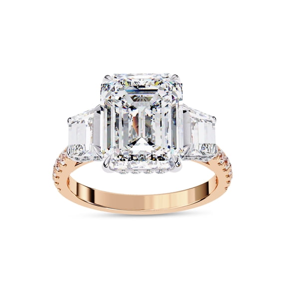 IGI Certified Lab Grown Diamond Engagement Ring | Center 10x8mm Emerald 3 Stone Hidden Halo Anniversary Wedding Rings For Women 18K Solid Rose Gold | F-G, VS-SI Quality (5.20 Ctw) Ring Size-10