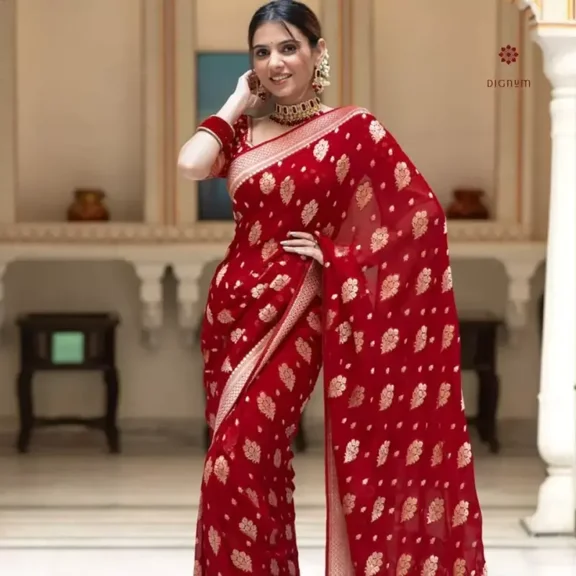 Scarlet Red Woven Banarasi Georgette Saree