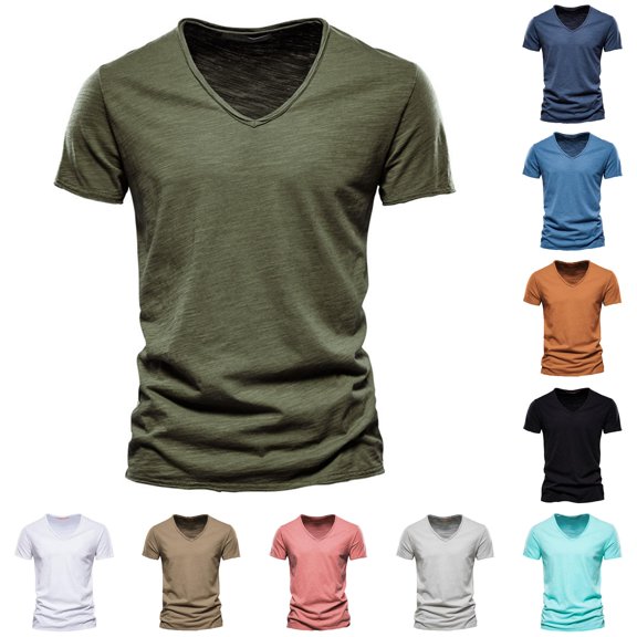 XIAONU Mens V Neck T Shirt Short Sleeve Slim Fit Basic Cotton Tees Tops