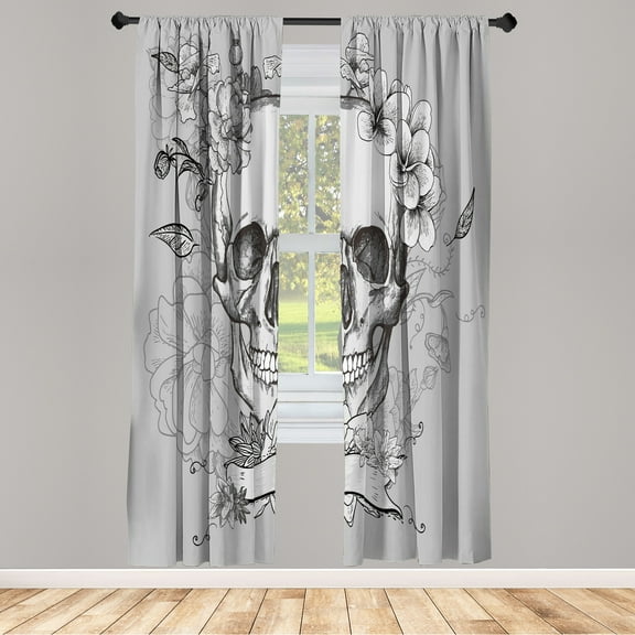 Ambesonne Grunge Curtains, Skull and Flowers Mexican, Pair of 28"x63", Pale Grey