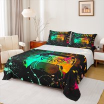 Castle Fairy Teens Teal Orange Gamepads Bed Sheets,Graffiti King Sheets