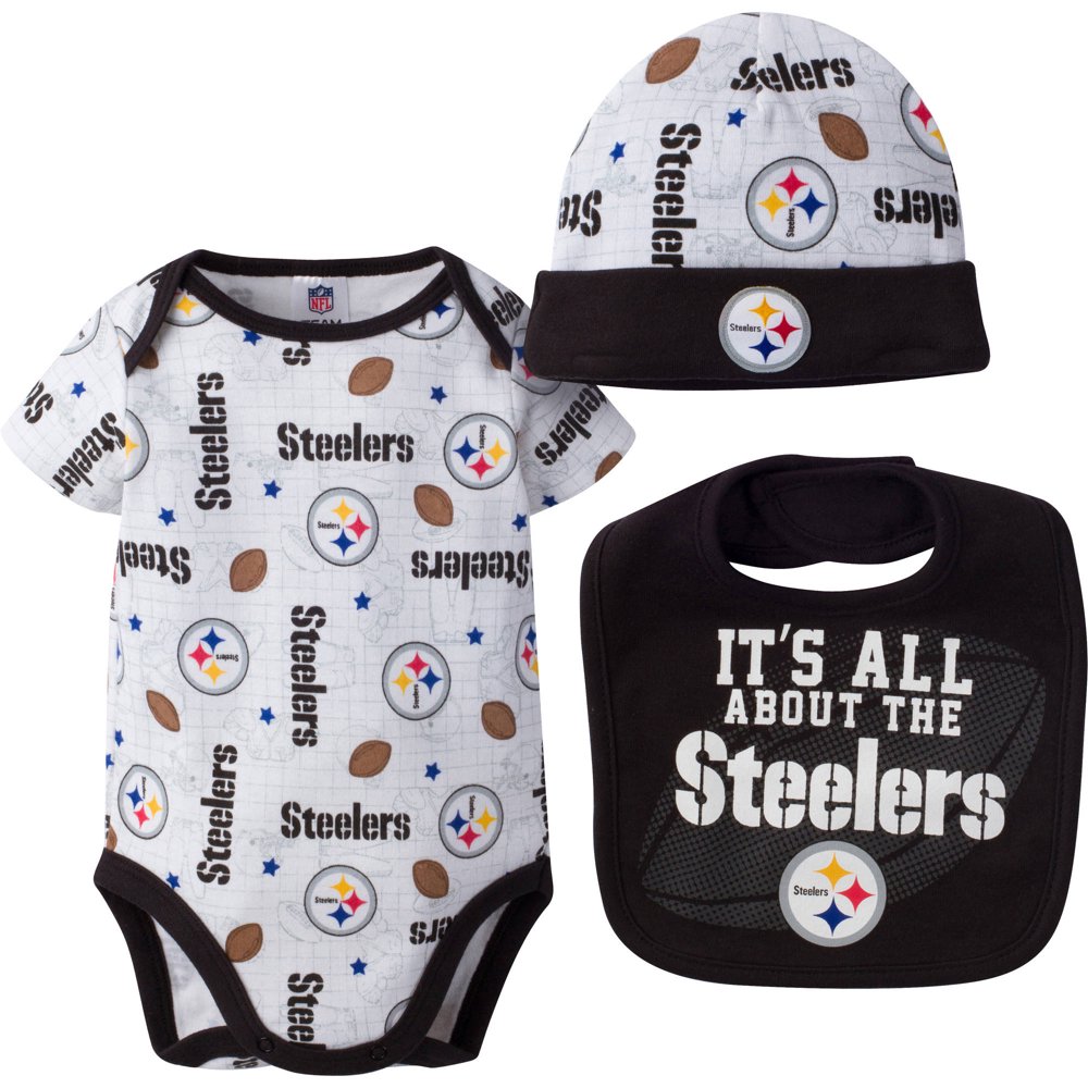 NFL Pittsburgh Steelers Baby Boys Bodysuit, Bib and Cap Outfit Set, 3