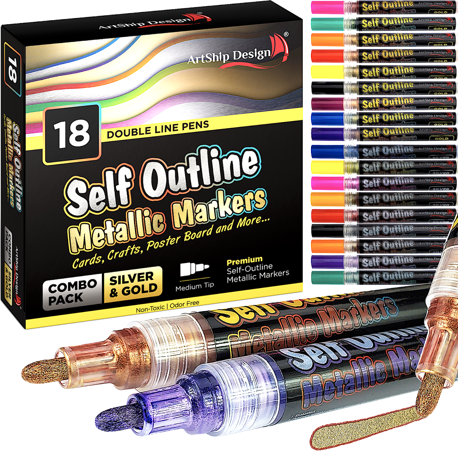 HOSTK 24pcs Double Line Outline Markers Pens and Dual Tip Brush Markers,  Self-Outline Metallic Markers, Colored Pen Fine Point & Brush Highlighters