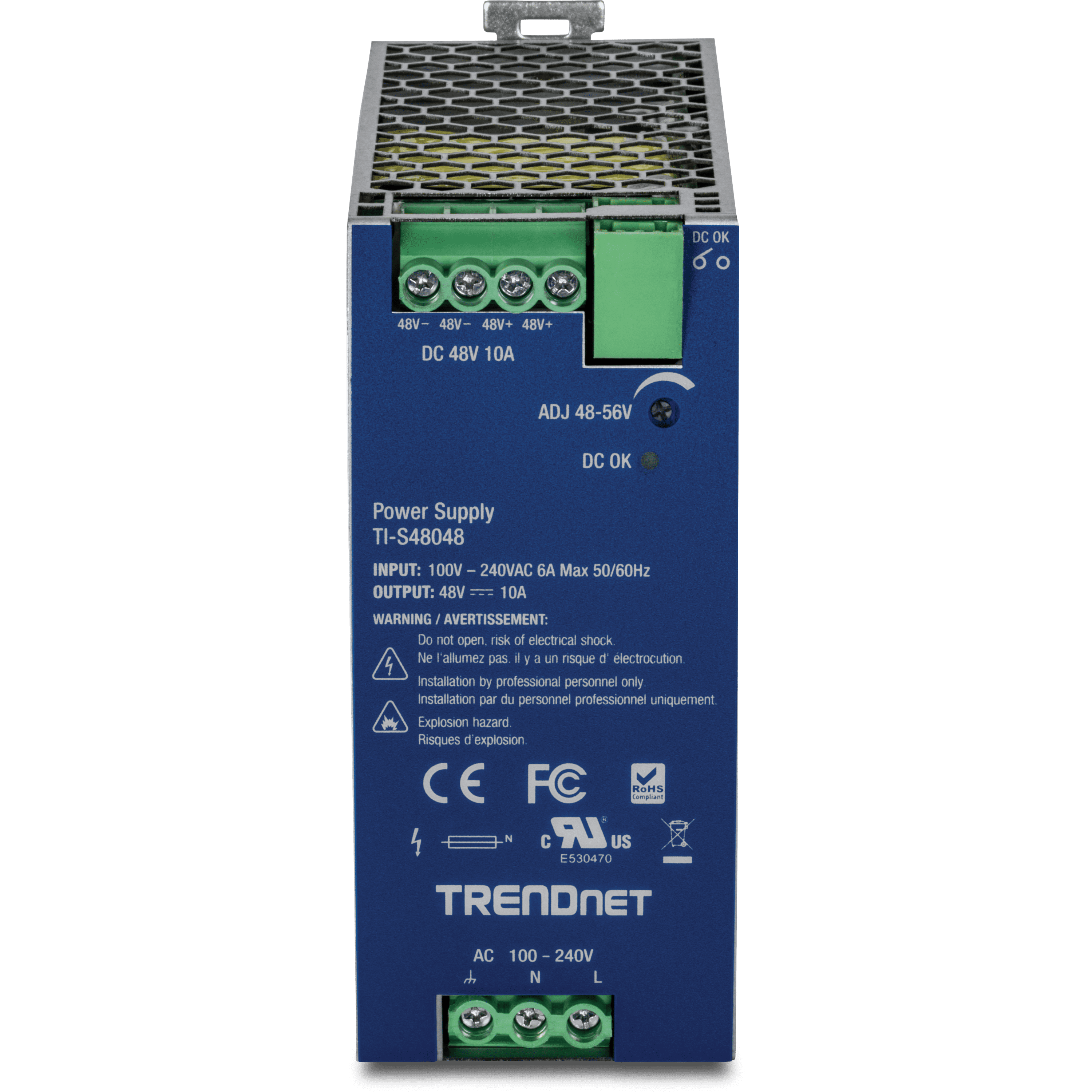 TRENDnet TI-S48048 480W, 48 – 56V DC, 10A AC to DC DIN-Rail Power Supply with PFC Function